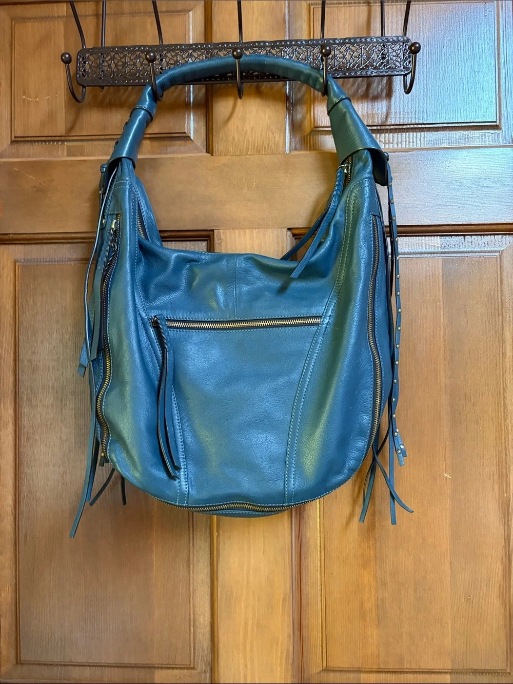 orYANY Teal Leather Fringe Hobo Bag